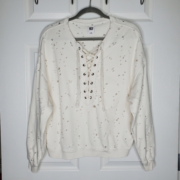 NSF White Destroyed Distressed Terry Lace Up Pullover Sweatshirt - Picture 2 of 9